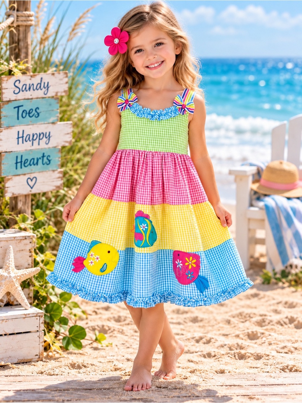 Emily Rose Girls 4T Fish Gingham Patchwork Dress Hair Clip